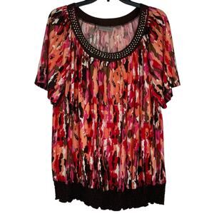 Avenue Brown Orange Pink Print Blouse Studded Neckline Women's size 18/20
